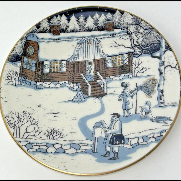 Vintage Arabia Finland Christmas Winter Scene Plate 5" Cottage Postman Snow - Picture 8 of 9
